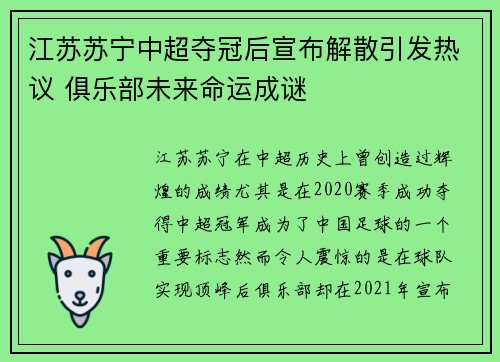江苏苏宁中超夺冠后宣布解散引发热议 俱乐部未来命运成谜