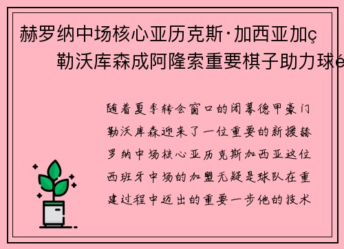赫罗纳中场核心亚历克斯·加西亚加盟勒沃库森成阿隆索重要棋子助力球队双冠目标